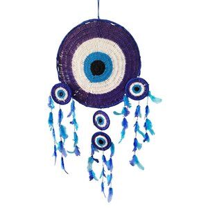 Crocheted Evil Eye Blue and White Dreamcatcher With Feathers and Beads 36" Long